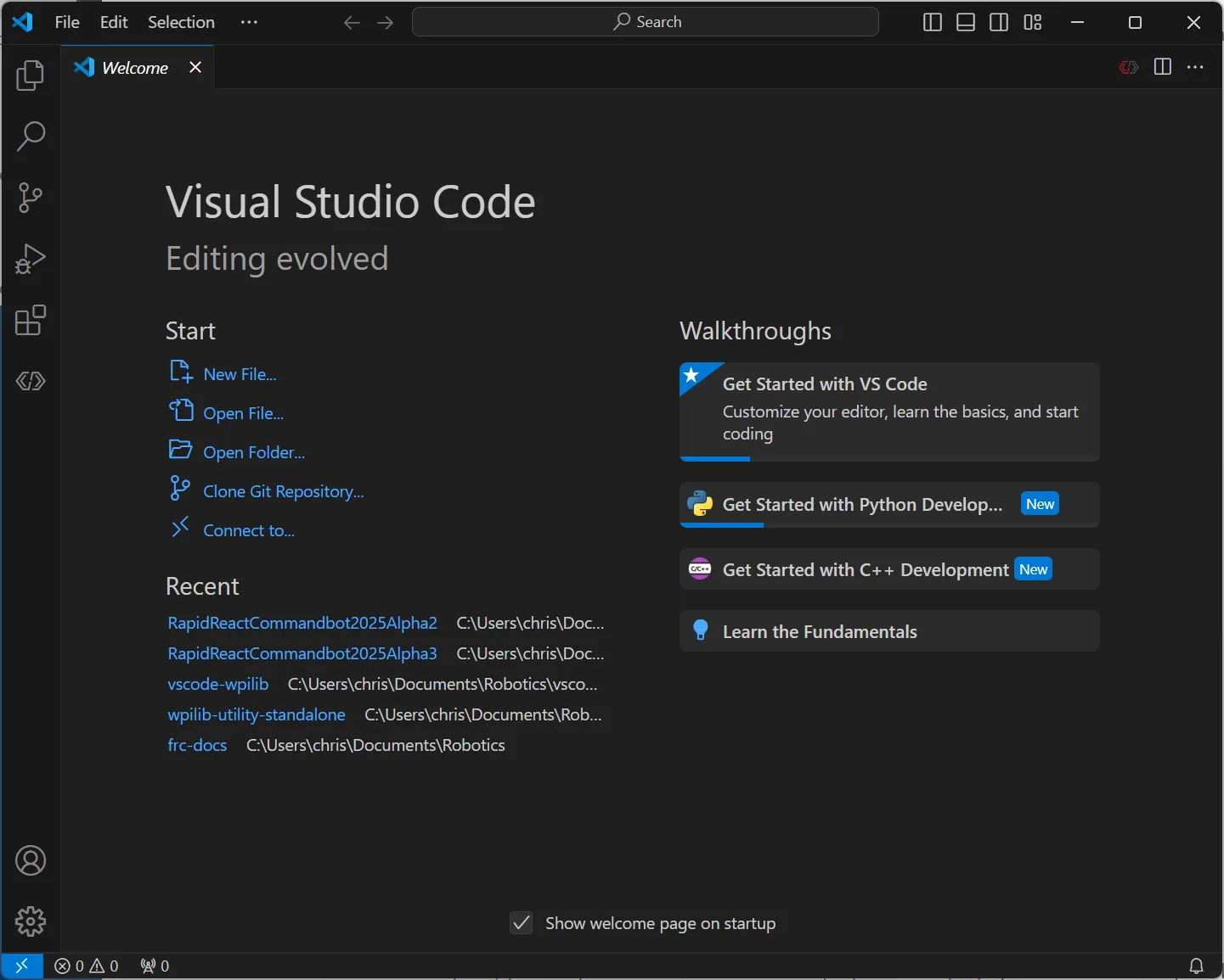 VS Code welcome screen (credit: WPILib docs)
